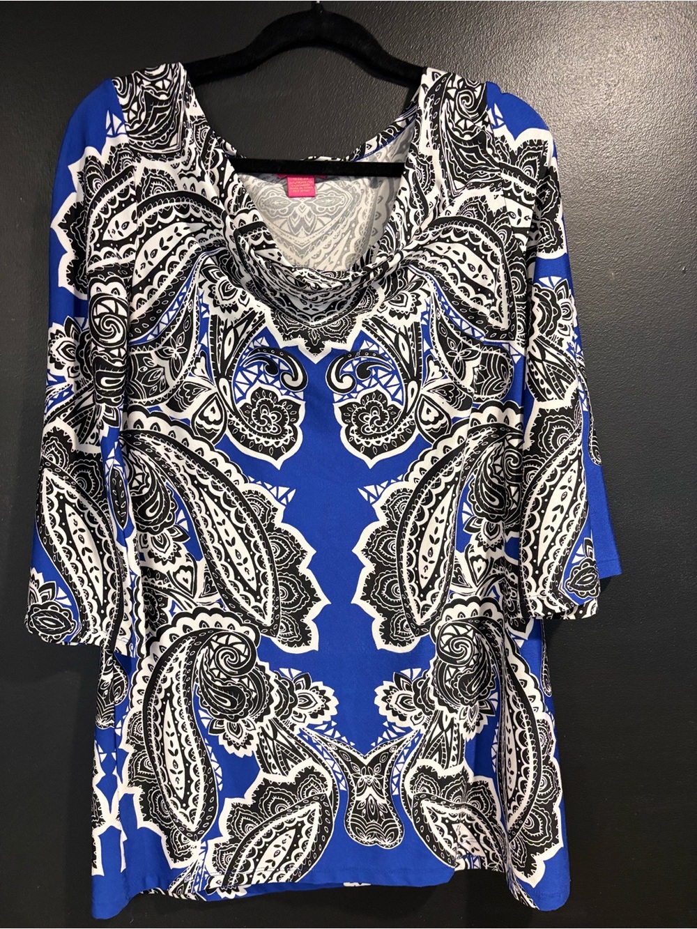 Sunny Leigh Blue Black White Paisley Cowl Neck Tunic